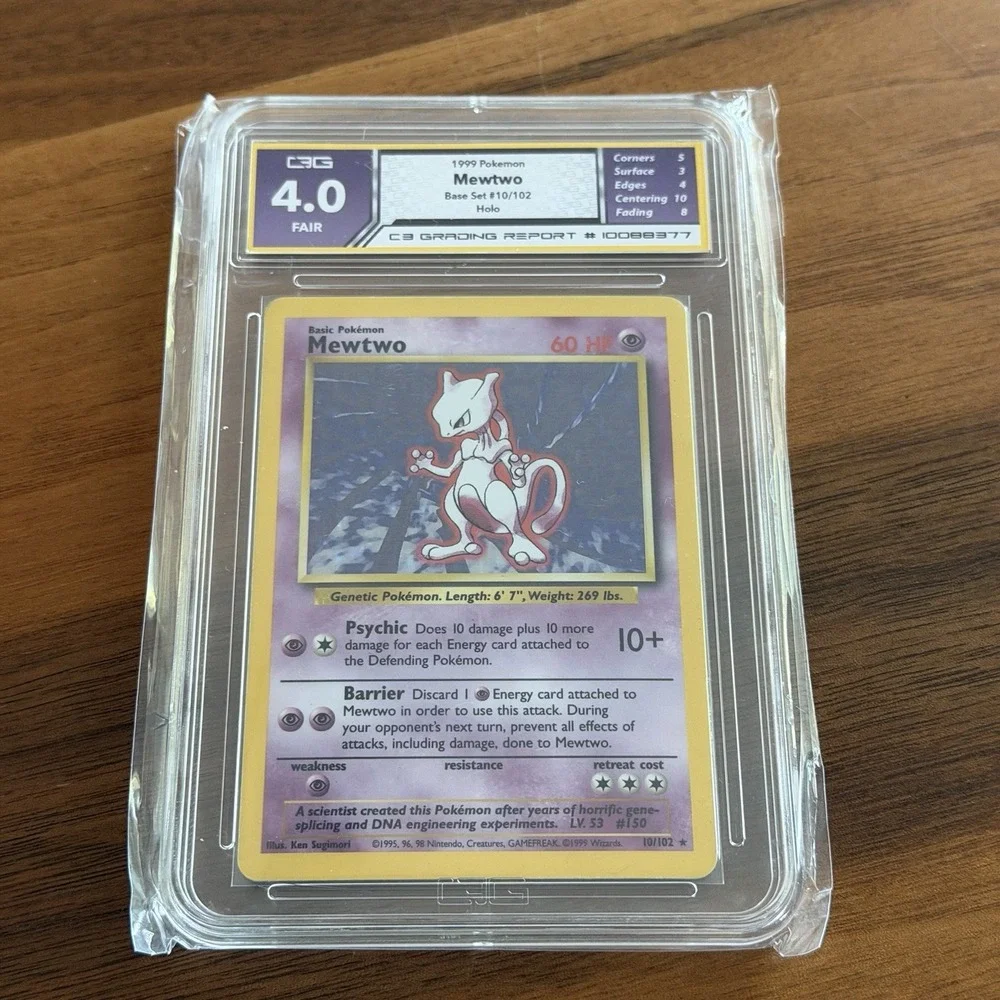 Pokémon Mewtwo TCG Holo Rare Card 10/102 Base Set Unlimited C3 Grading 4 Slab